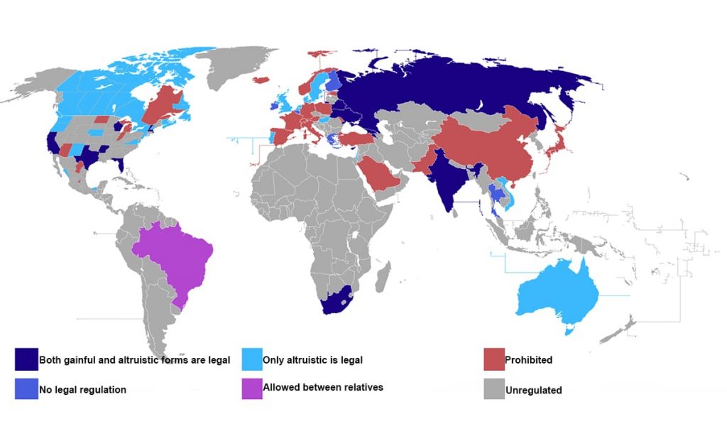 carte du monde des lois sur la maternité de substitution